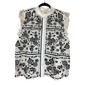 NWT Johnny Was White Black Floral Sleeveless Ruffled Tank Top Size L